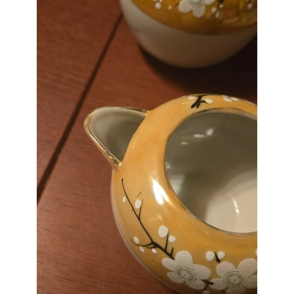 Vintage Lusterware Creamer and Sugar Bowl Set Orange Cherry Blossom Porcelain
